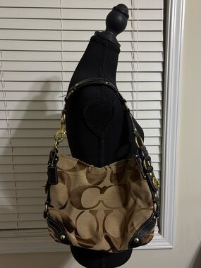 Coach Carly Signature Monogram Canvas Shoulder Bag | Gold hardware